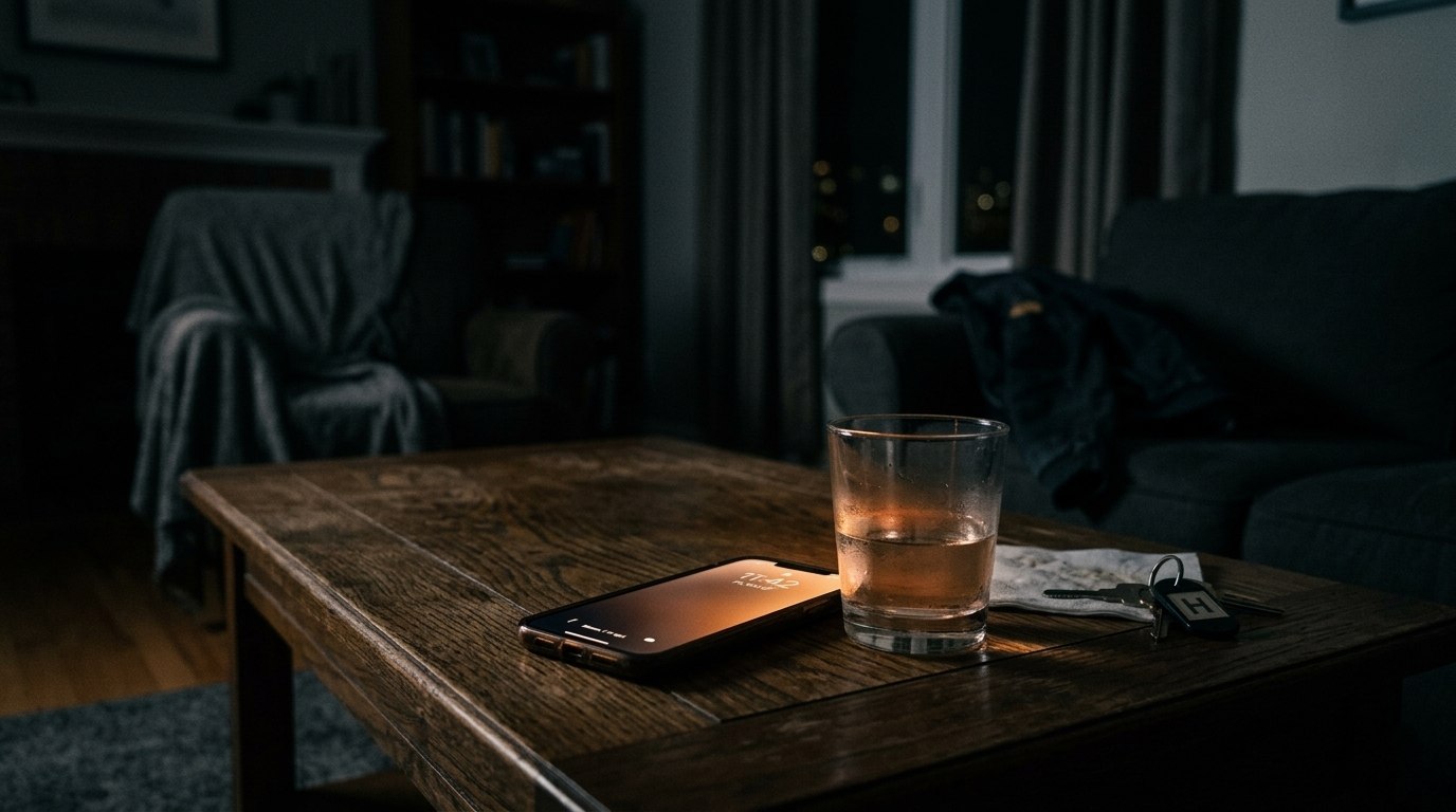 昏暗房间里亮着微光的手机与半杯水