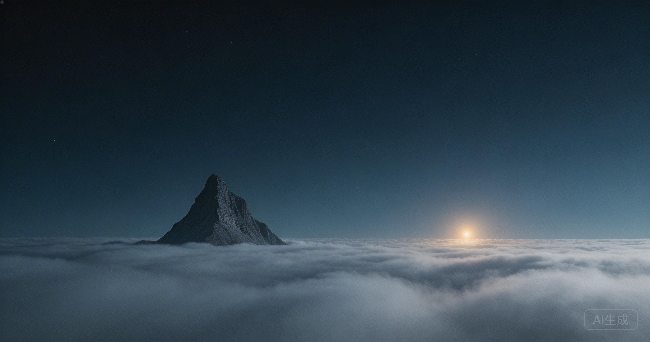 云海中的孤峰，远处微光靠近