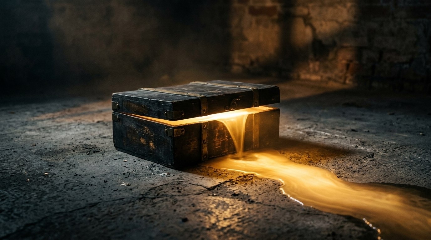 幽暗房间里的半开盲盒，流出温暖金色的液体光芒