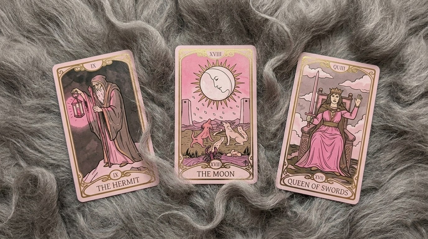 三张塔罗牌：隐者、月亮、宝剑女王